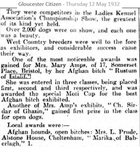 http://www.afghanhoundtimes.com Mary Amps and Rustum Of Istalif Press Report 1932