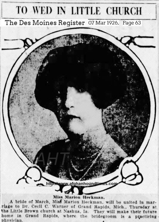 http://www.afghanhoundtimes.com Photo Marion Florsheim (nee Heckman) bride 1926
