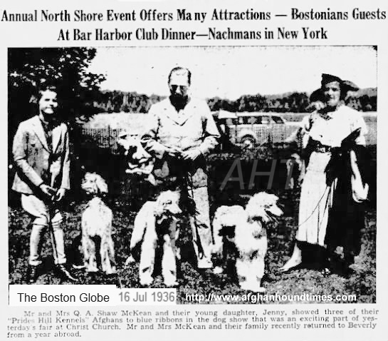 Afghan Hound Times, Photograph of Mckean family - Shaw, Margarett and Jenny  at Christ Church Fair,  Boston 1936.