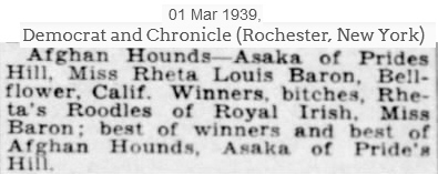 http://www.afghanhoundtimes.com Asoka of Prides Hill and Roodle of Royal Irish Genesee Valley KC show at the Armor in New York on 1st March 1939